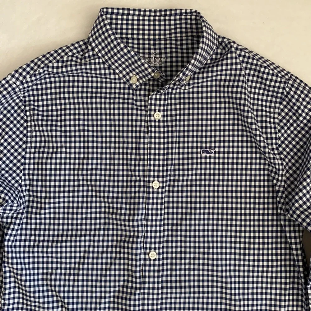 Vineyard Vines | Performance Gingham Button Down Nylon Whale Shirt Blue (L/16) - Picture 4 of 16